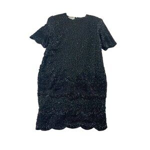 Vintage Brilliante By J.A Women's Black Beaded 100% Silk Dress - Medium
